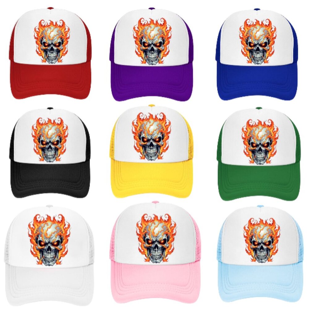 Halloween Hat Adjustable Snapback Trucker Hat Burning Skull Fire Flame Head Hat